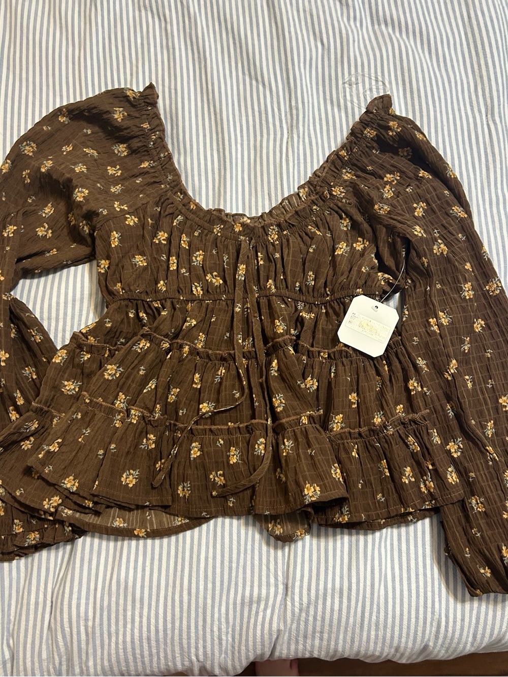 Women's Brown Floral Altar’d State Blouse - Tiered Long Sleeve